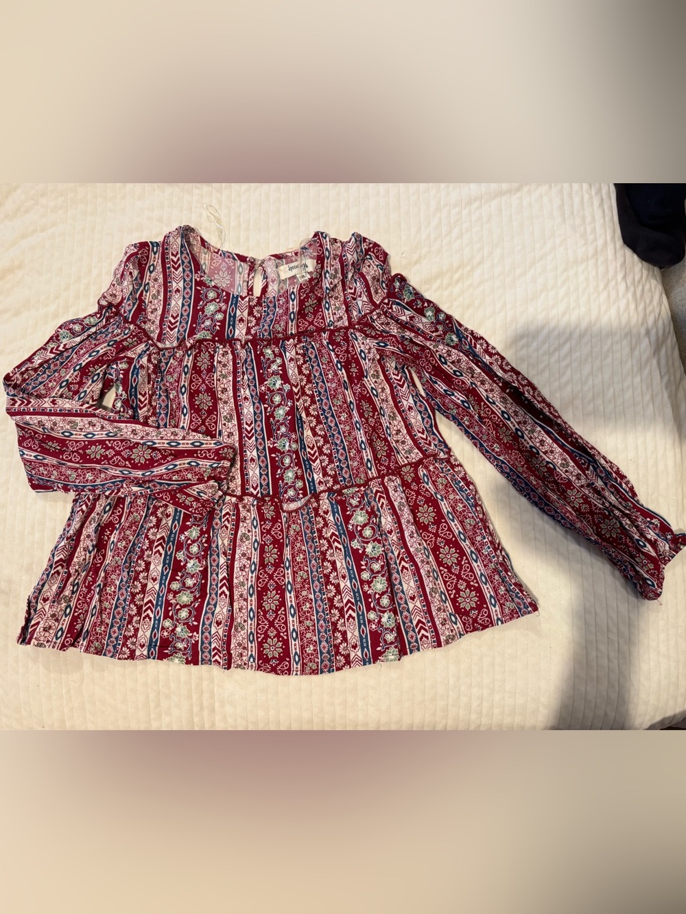 Girls' Burgundy Patterned Long-Sleeve Peasant Top